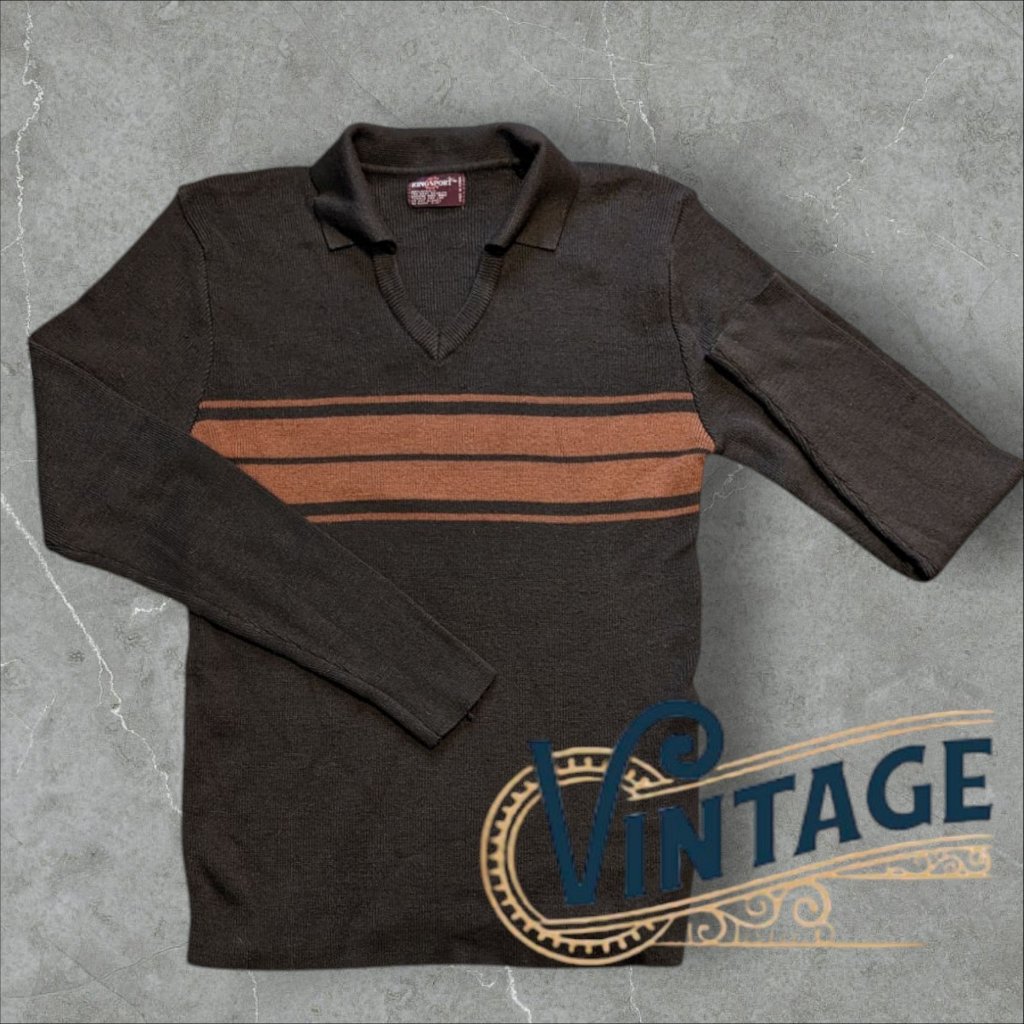 Kingsport 70s Vintage Brown Acrylic Sweater V Neck Men’s Medium Polo Sweater